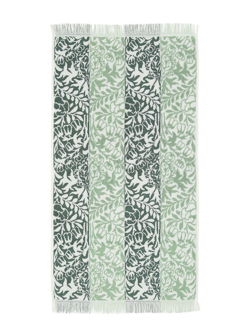 William Morris sage green rose stripe towel, UK version