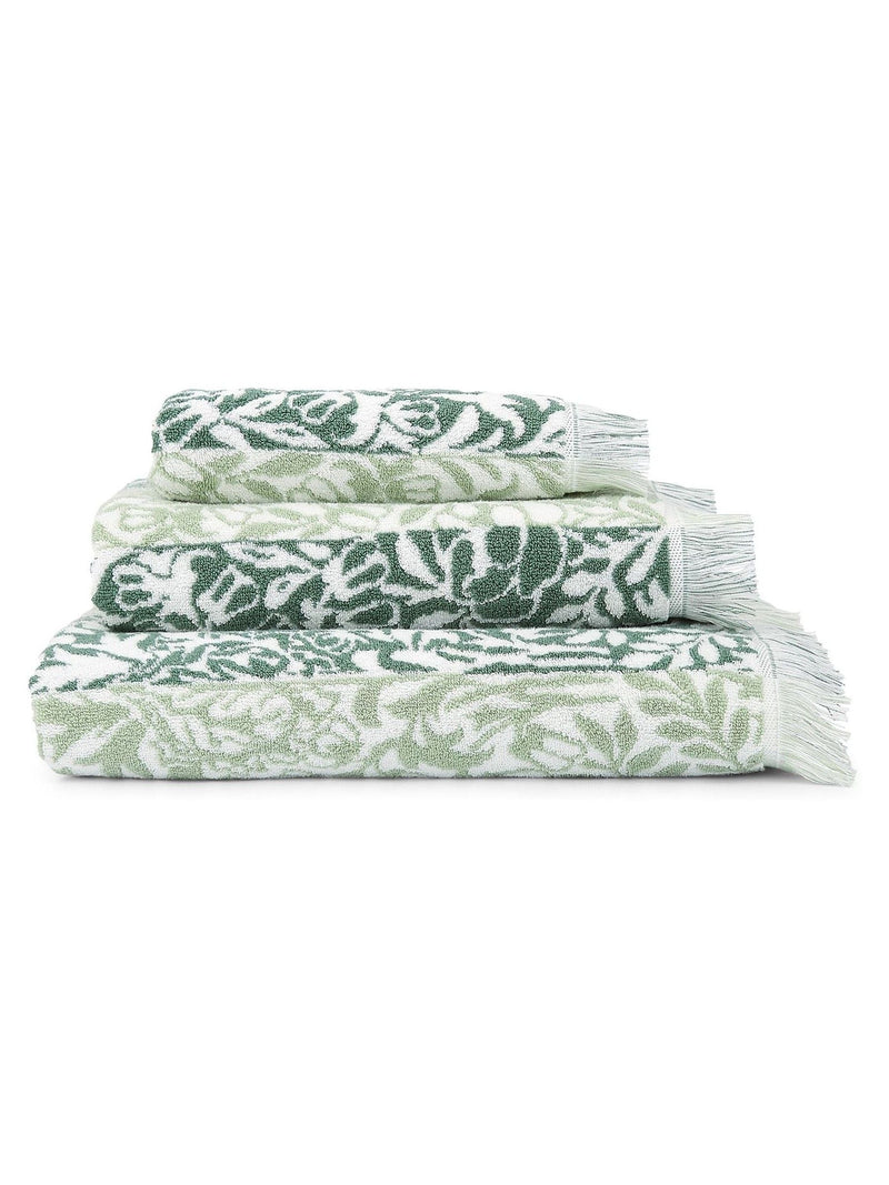 William Morris sage green rose stripe towel, UK version