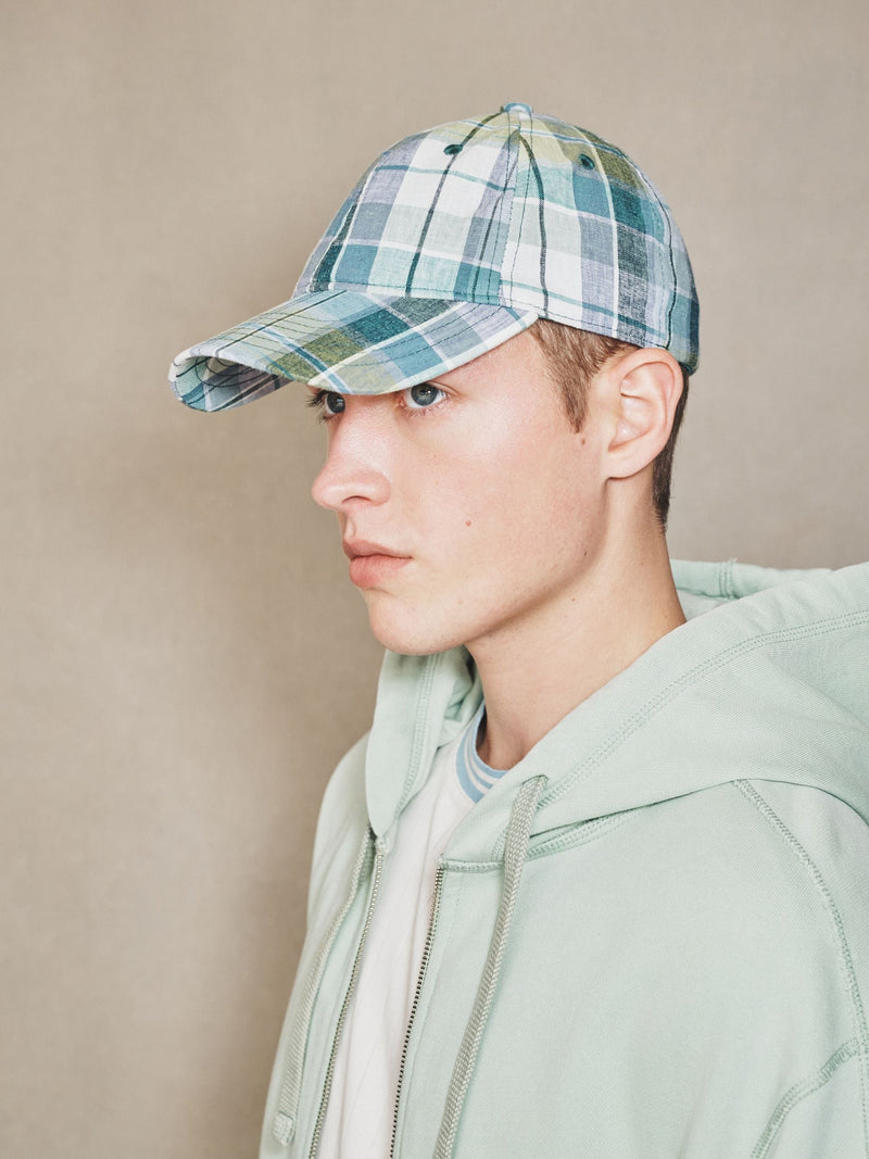 Green Check EDIT cap linen cotton blend, imported from the UK