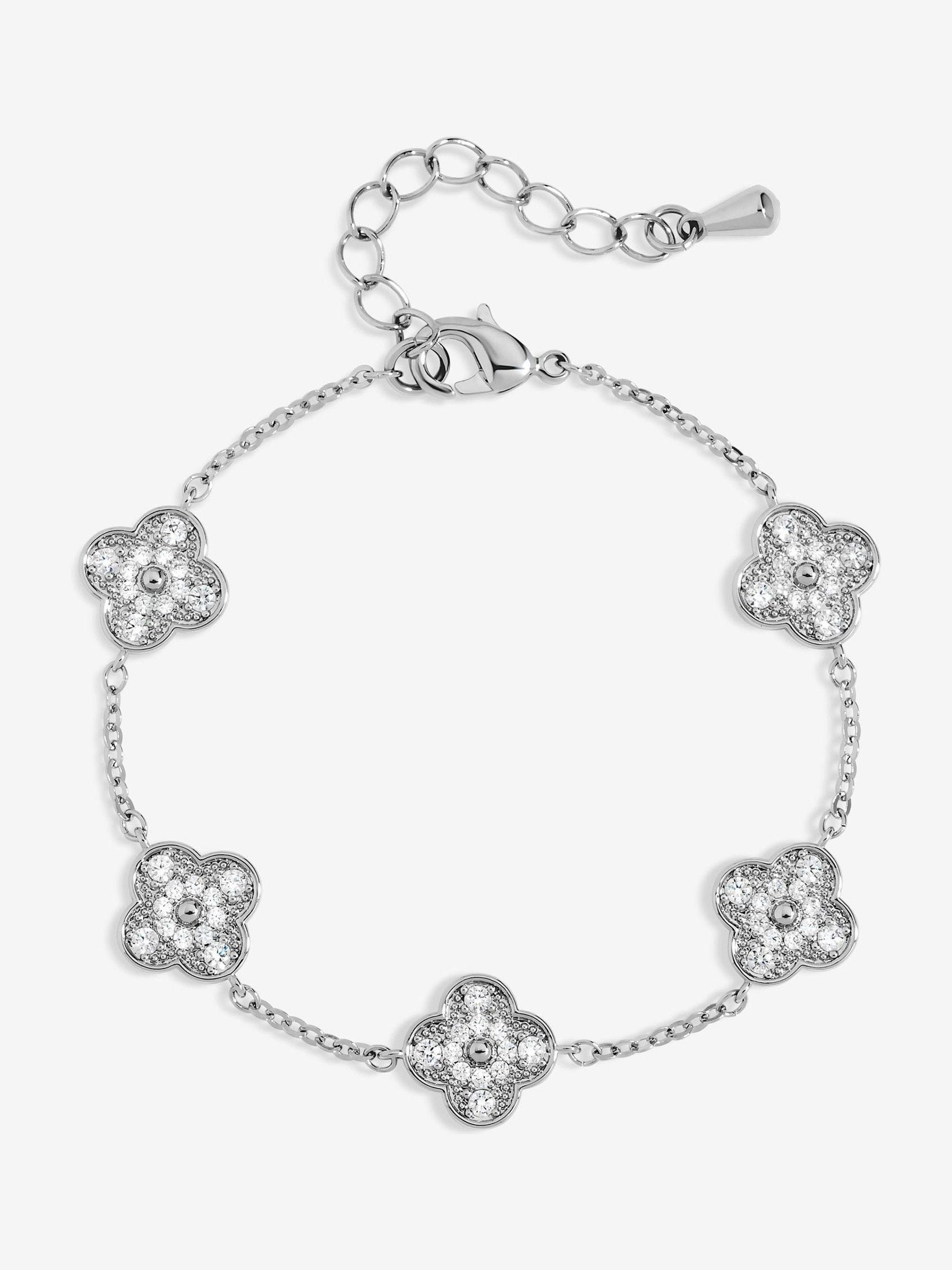 Gold Plated Pave Clover Bracelet with Lobster Clasp and Extender Chain