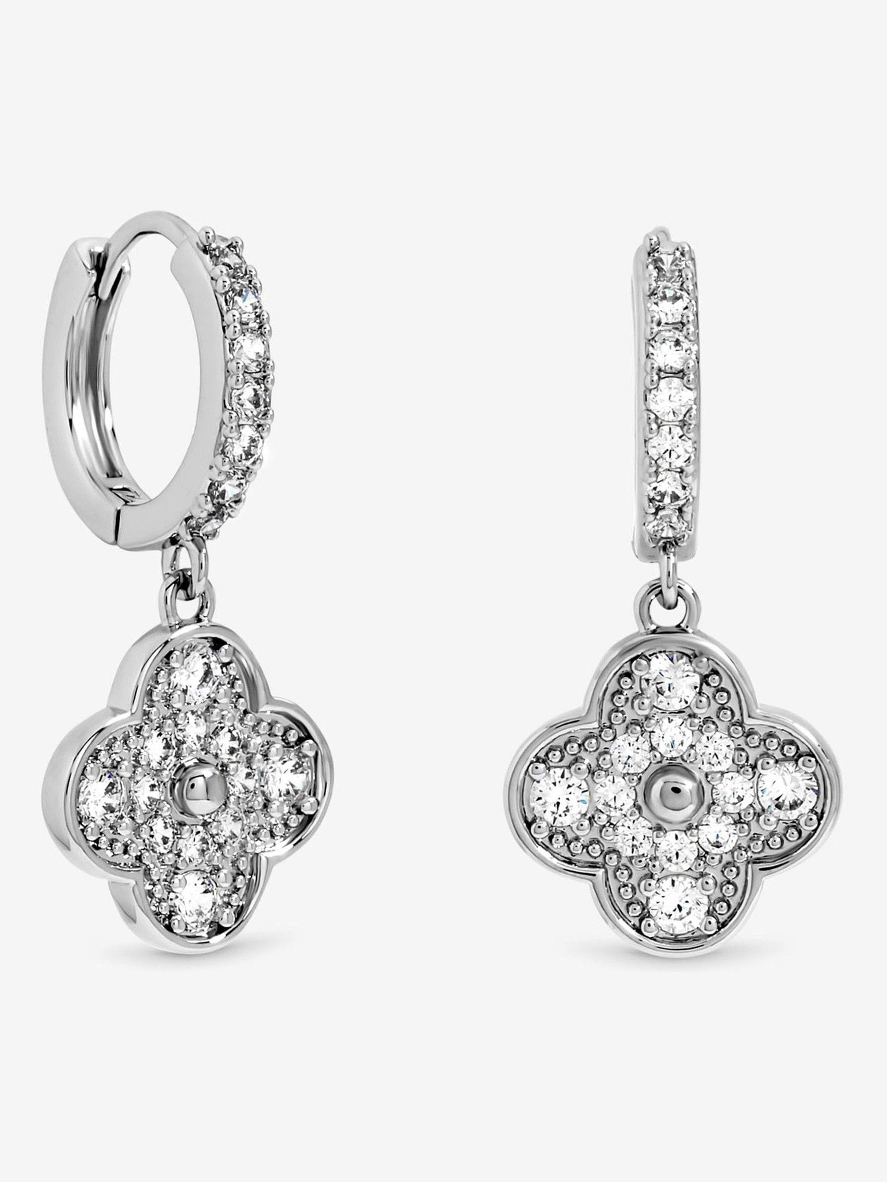 Rhodium Plated Pave Clover Earrings with Post and Bullet Back, 11mm x 25mm