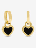 Gold Plated Jet Enamel Heart Hoop Earrings, 28.3mm Length with Huggie Fastening