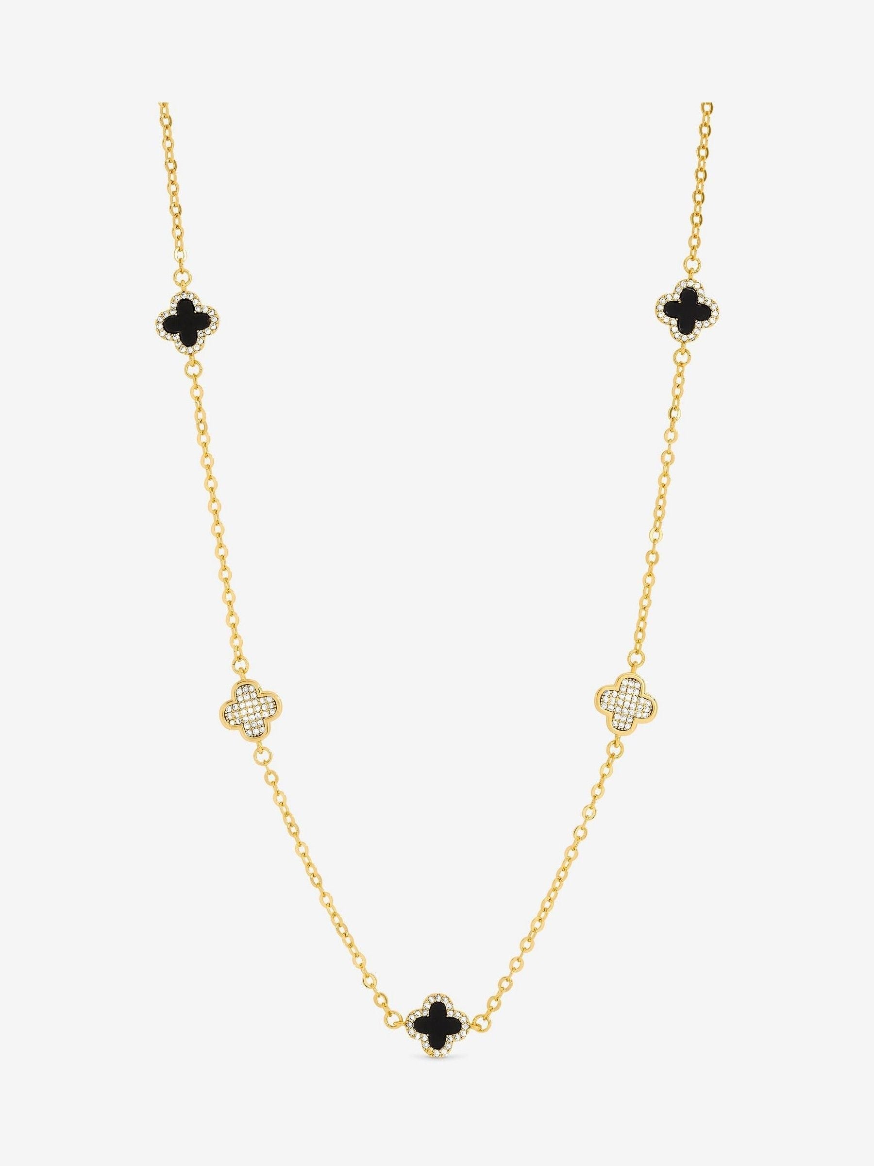 Gold Plated Clover Necklace with Pave Crystals and Jet, 17' Chain and Extender