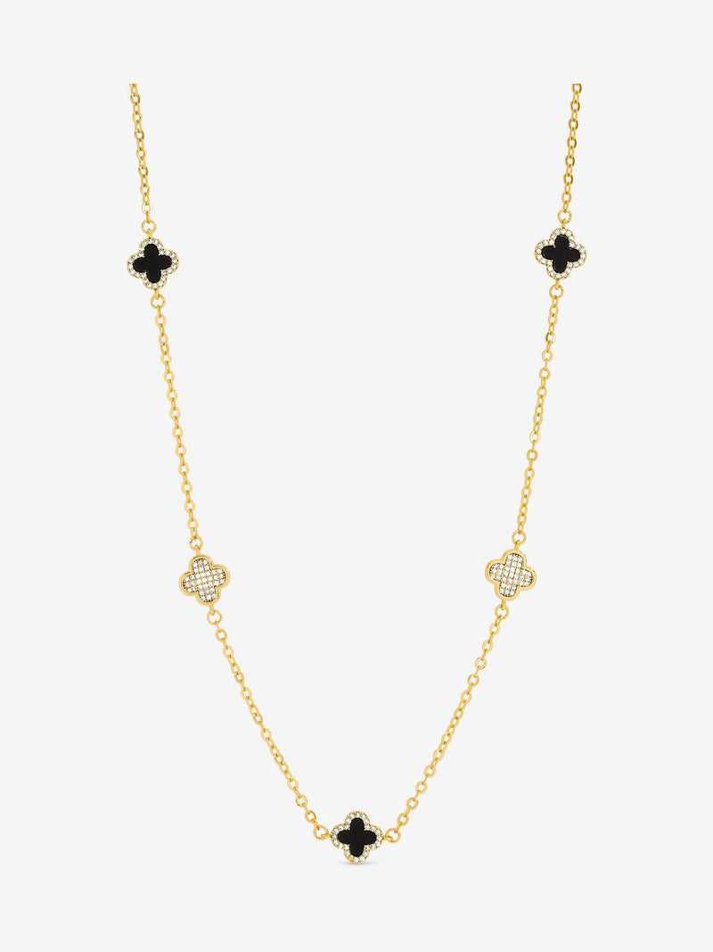 Gold Plated Clover Necklace with Pave Crystals and Jet, 17' Chain and Extender