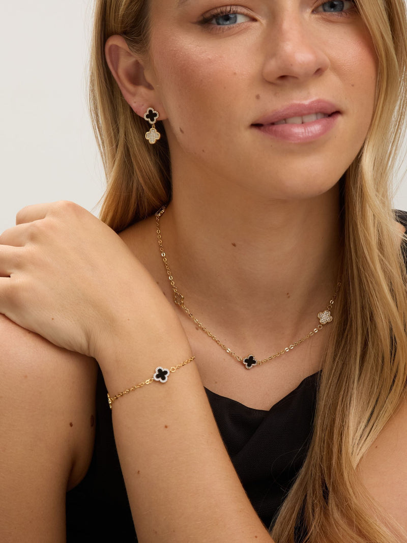 Gold Plated Clover Necklace with Pave Crystals and Jet, 17' Chain and Extender