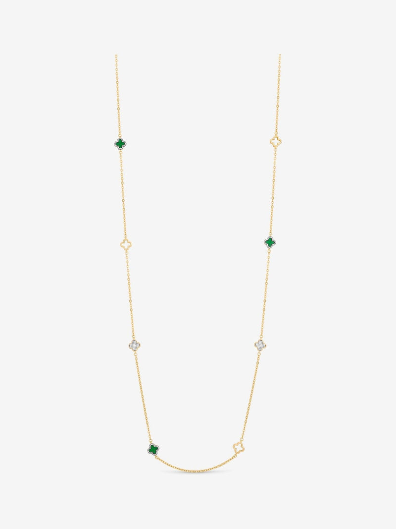 Gold Plated Malachite Clover Station Rope Necklace with Lobster Clasp