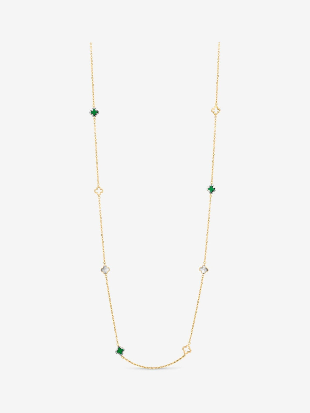 Gold Plated Malachite Clover Station Rope Necklace with Lobster Clasp