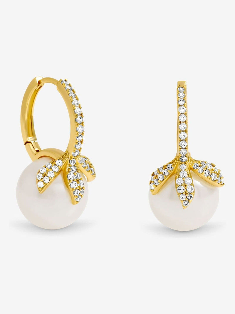 Jon Richard gold plated crystal leaf and pearl huggie hoop earrings, UK version