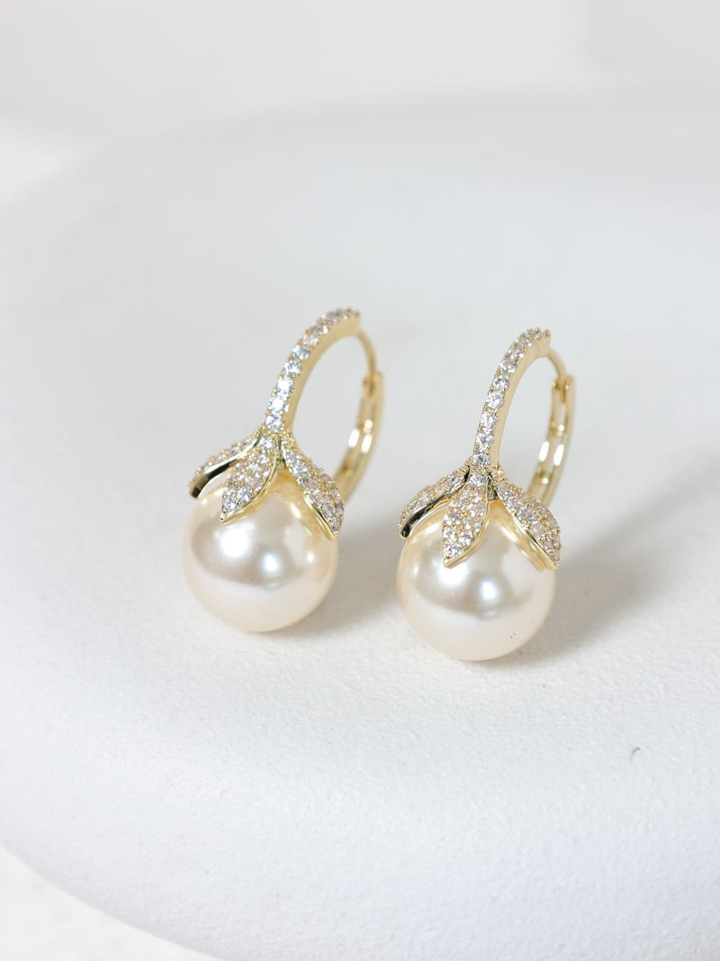 Jon Richard gold plated crystal leaf and pearl huggie hoop earrings, UK version