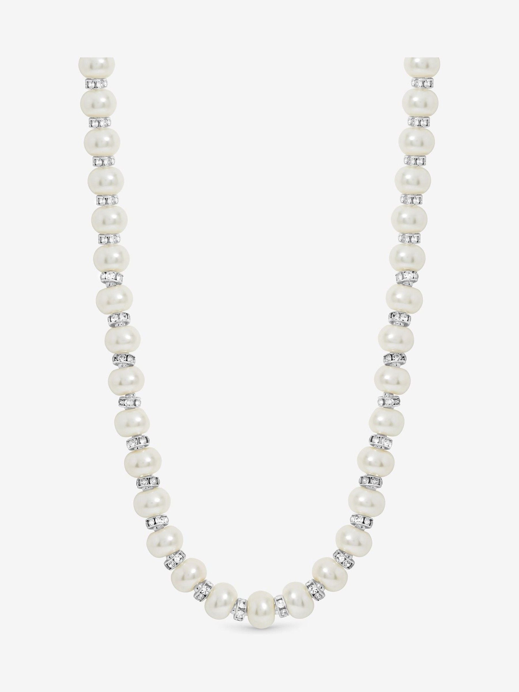 Silver Plated Pave Pearl Necklace with Lobster Clasp, 457mm Length