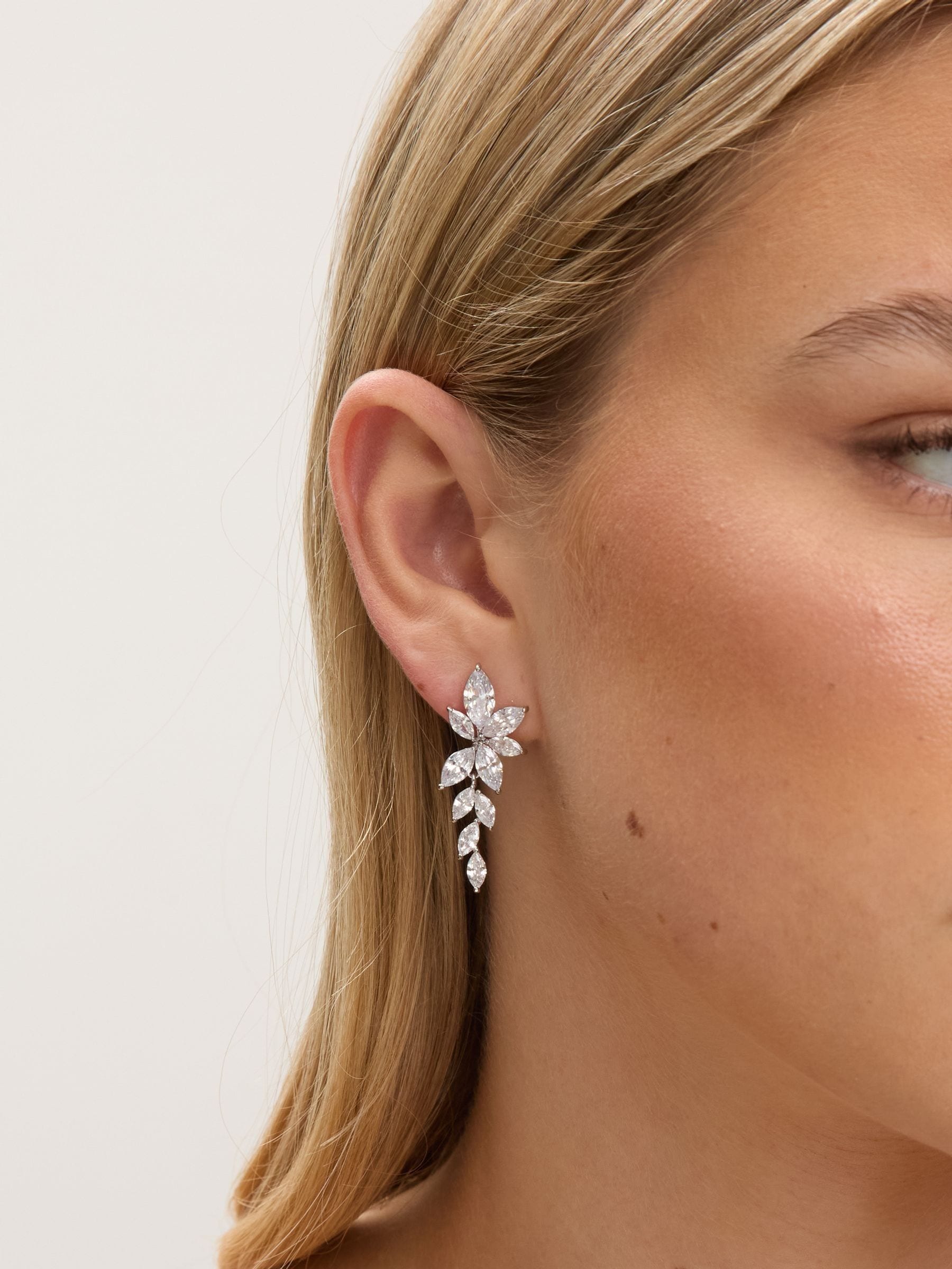 Rhodium Plated Crystal Leaf Drop Earrings