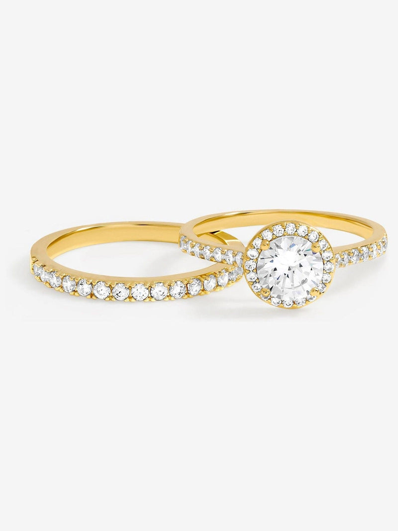 Gold Plated Halo Engagement Ring Set with Crystals, Multiple Sizes Available