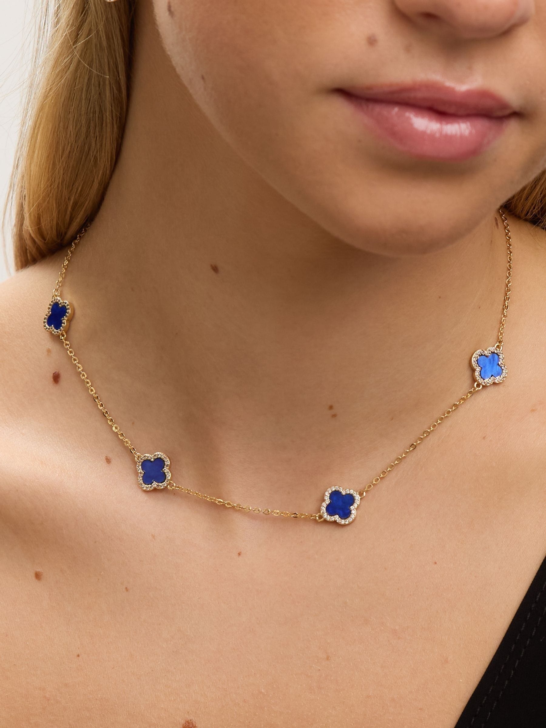 Jon Richard blue plated jet station clover necklace 17 inch chain, UK version