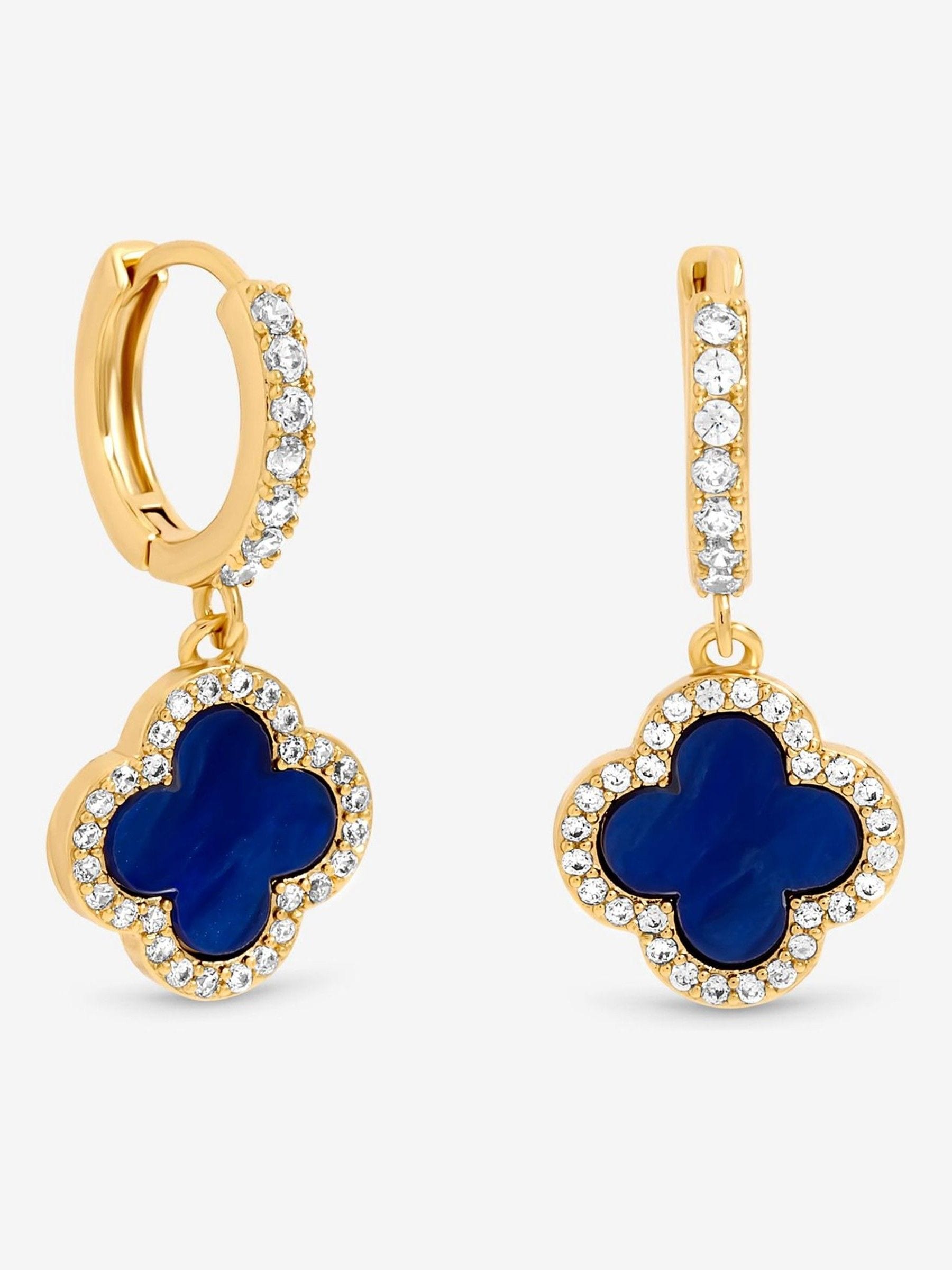 Gold Plated Lapis Clover Huggie Hoop Earrings 25mm