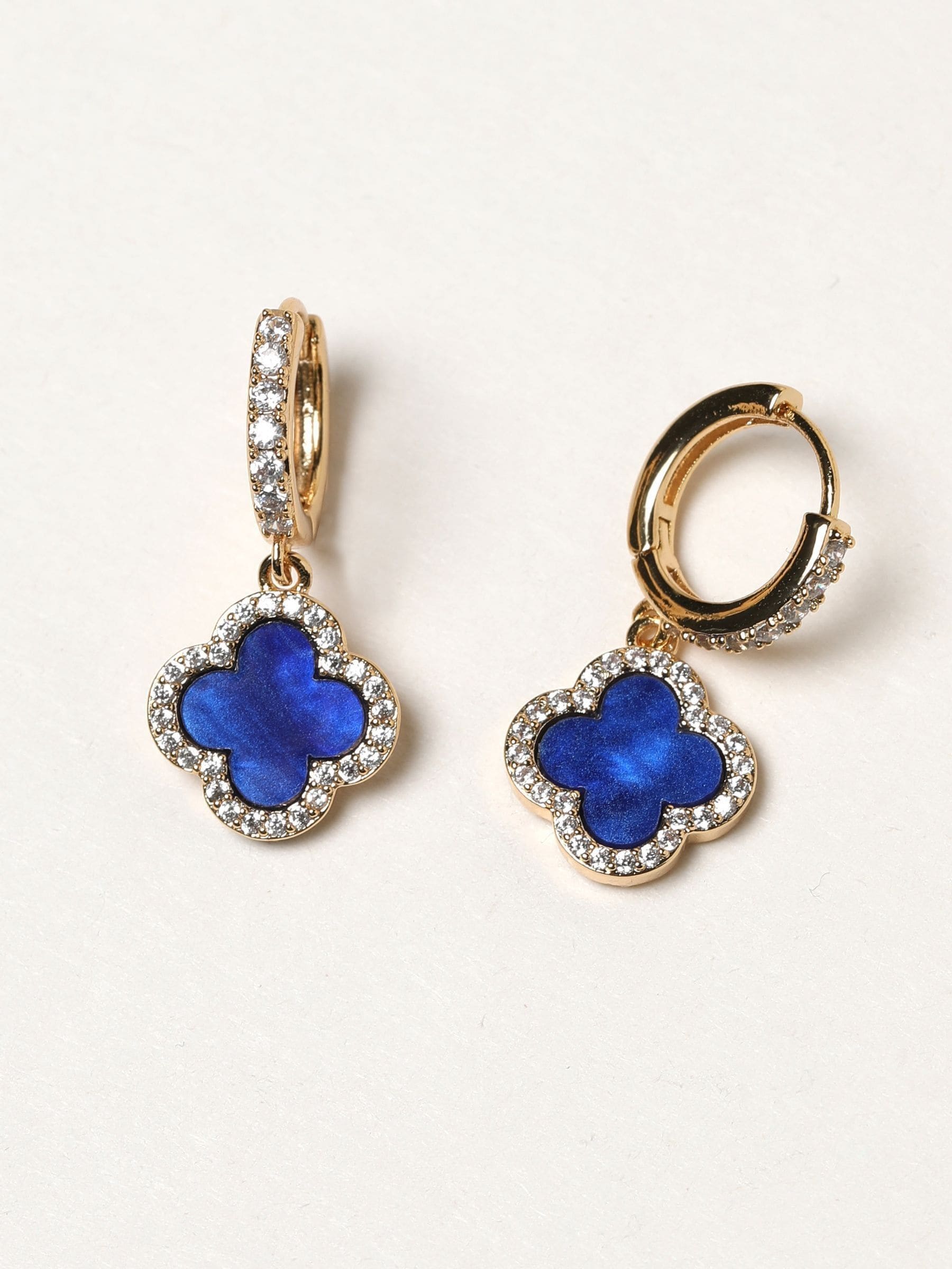 Gold Plated Lapis Clover Huggie Hoop Earrings 25mm