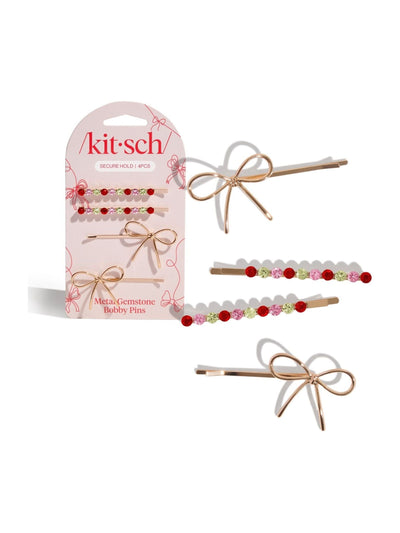 Next Kitsch Metal Gemstone and Bow Bobby Pins Red, Pink & Green 4 Piece Set- Buy online at McGrocer
