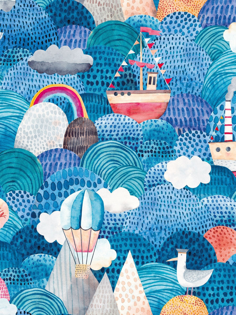 Hoopla Walls Ships Ahoy! Aqua Coral Wallpaper Sample A4