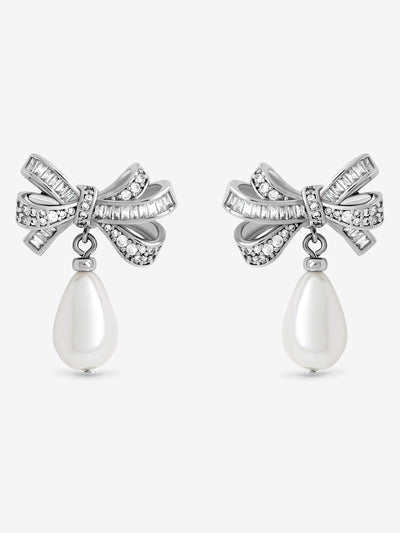 Neste Rodiumbelagte Cubic Zirconia og Perle Sløyfe Øredobber med Stiftfeste, 20 mm - Kjøp online hos McGrocer