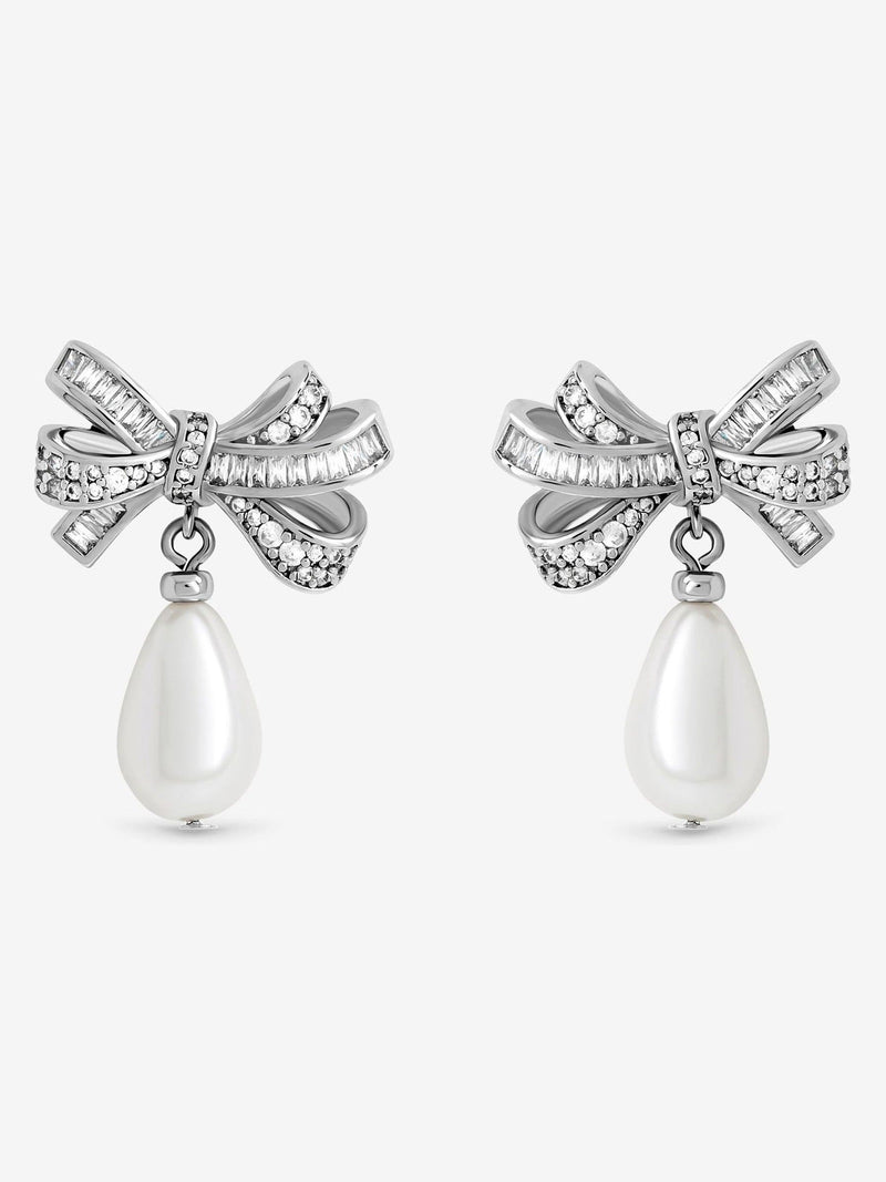 Rhodium Plated Cubic Zirconia and Pearl Bow Earrings with Post Fastening, 20mm