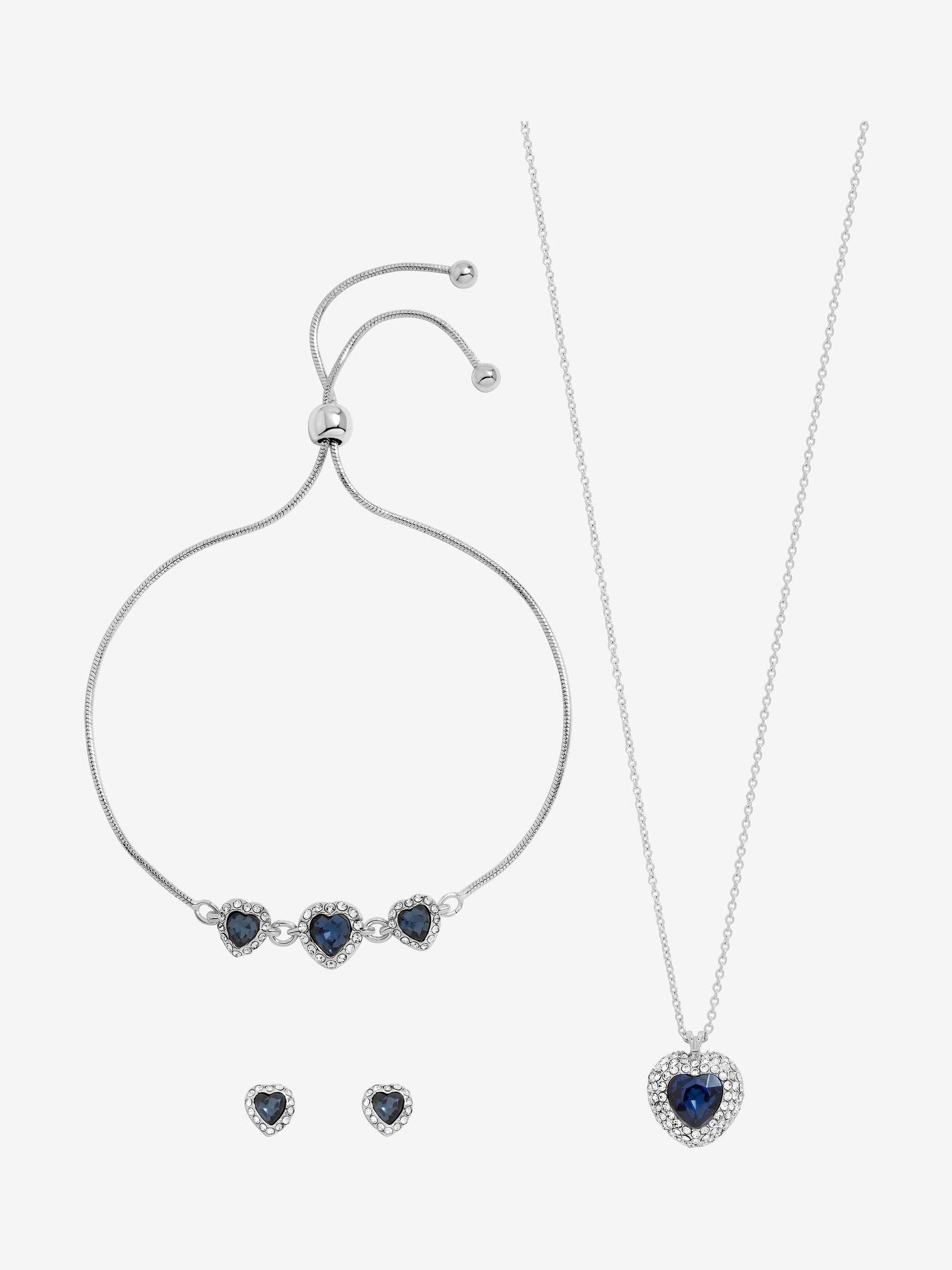 Silver Plated Sapphire Heart Jewelry Set with Necklace, Bracelet, and Earrings