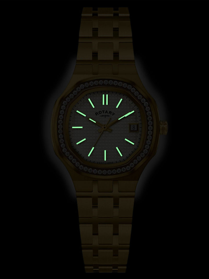 Rotary Brilliance gold PVD bracelet watch with crystals, UK version