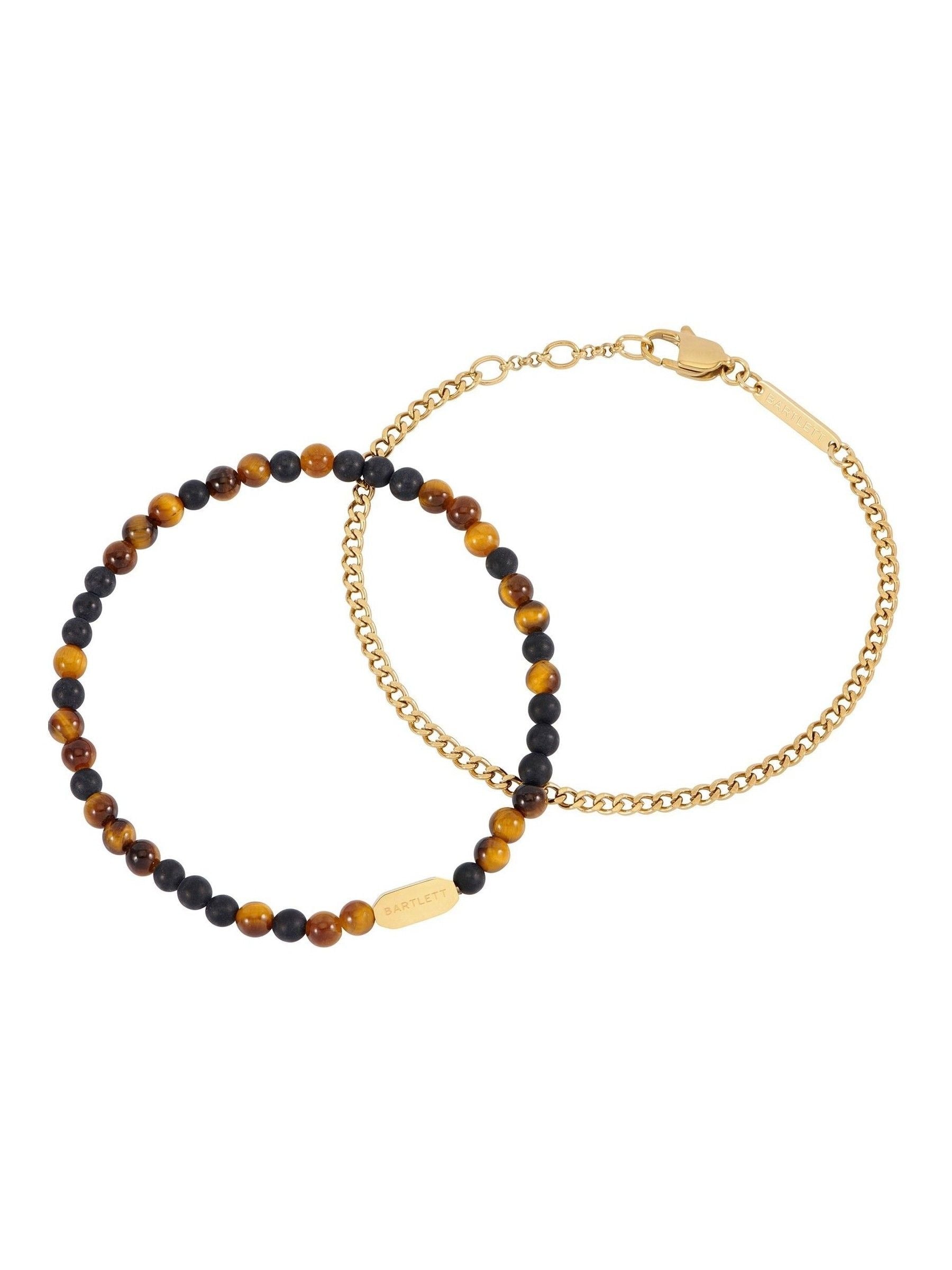 Bartlett London men's waterproof black onyx and tiger's eye bracelet set 19-20.5cm - British product