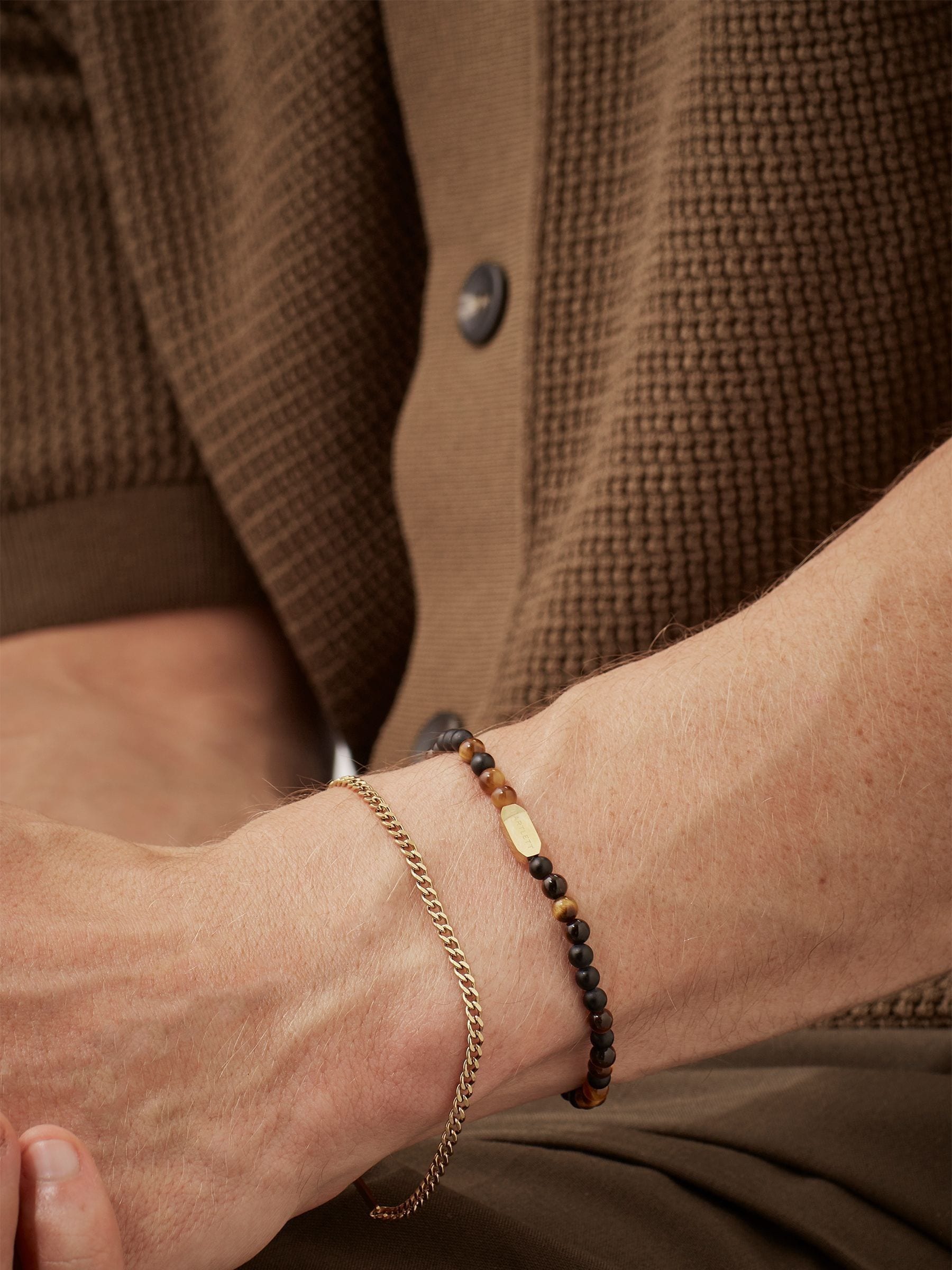 Bartlett London men's waterproof black onyx and tiger's eye bracelet set 19-20.5cm - British product
