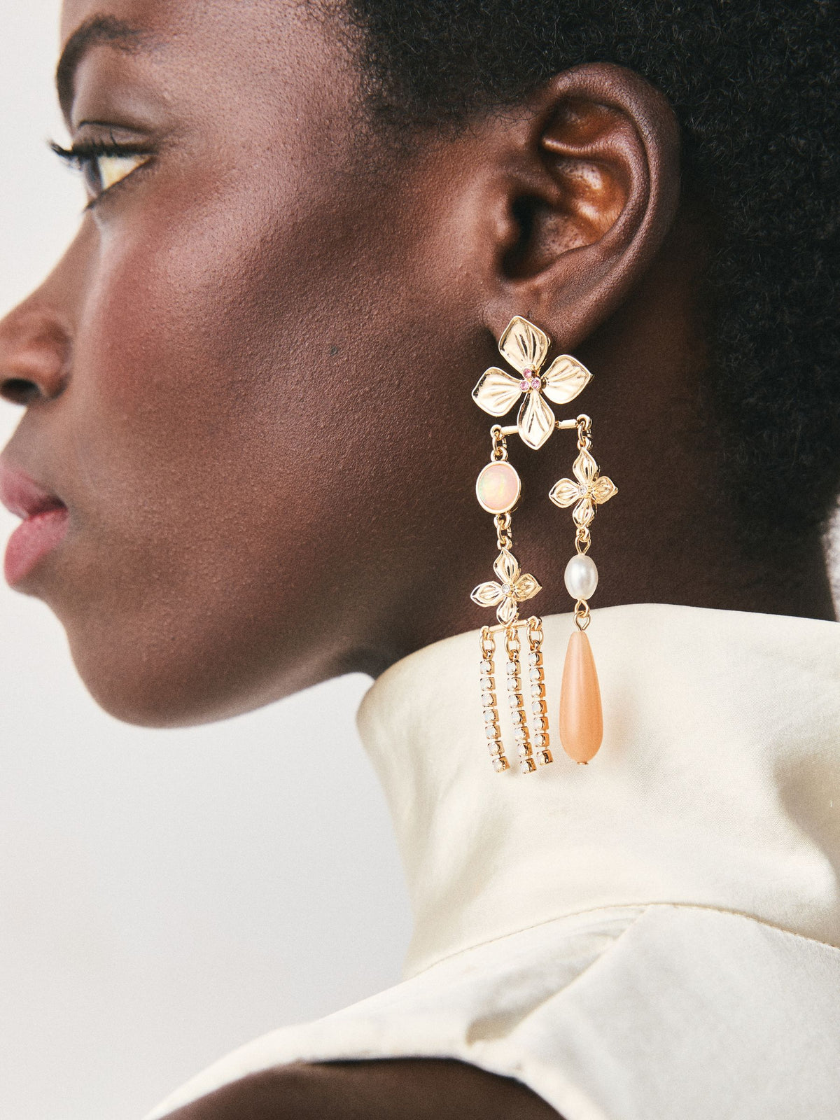 Gold tone floral drop stud earrings, UK version