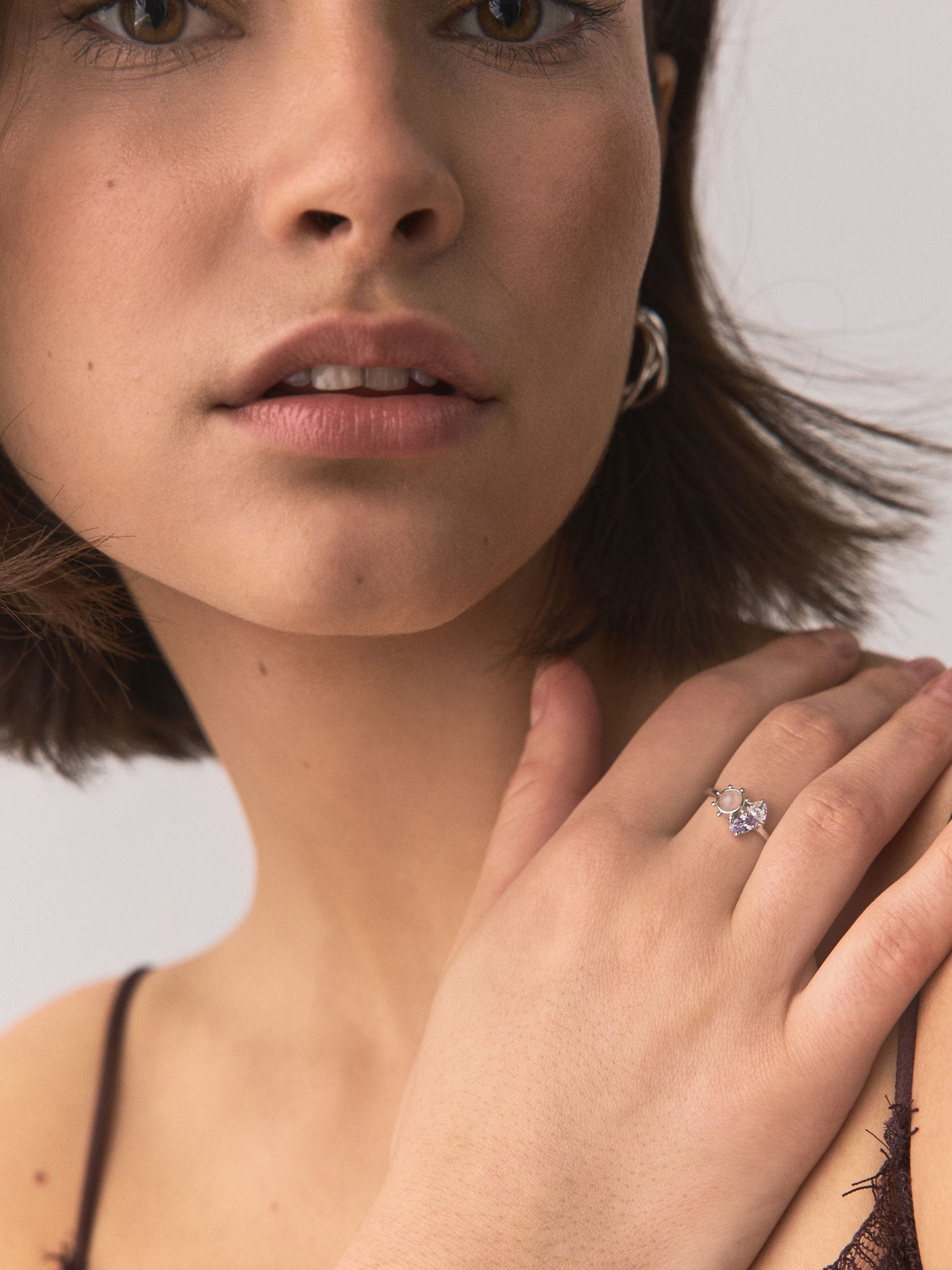 Sterling silver cluster stone ring with purple and pink stones - British product