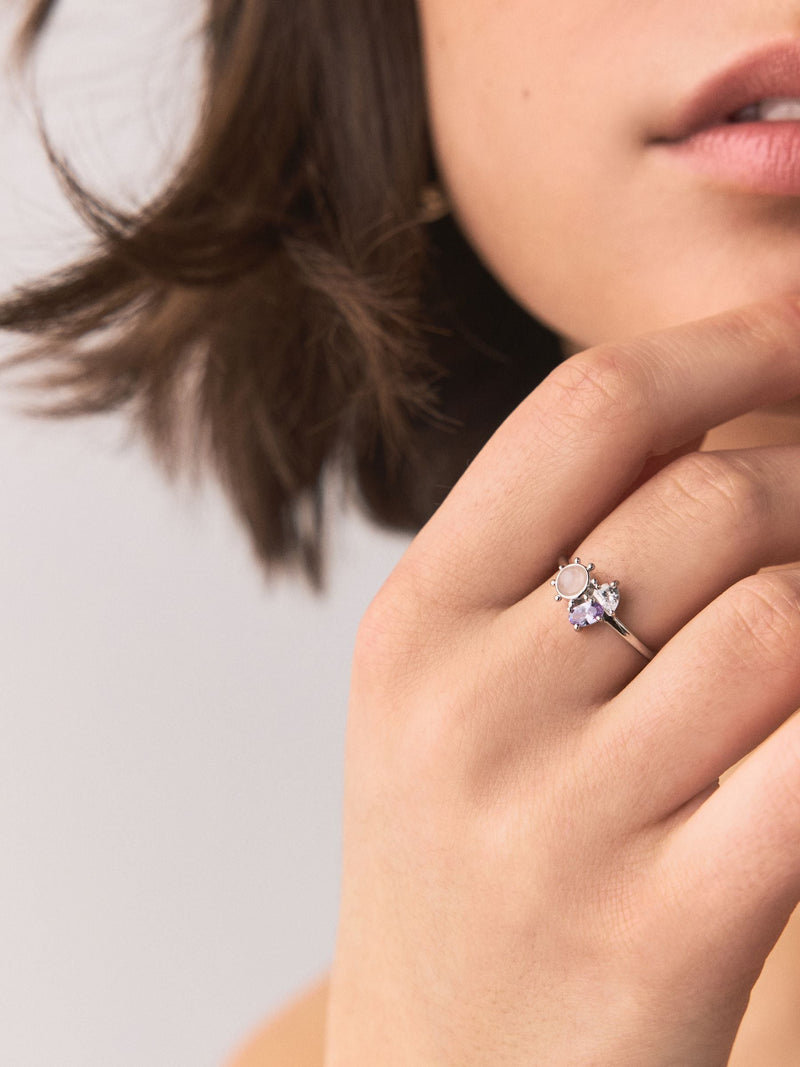 Sterling silver cluster stone ring with purple and pink stones - British product