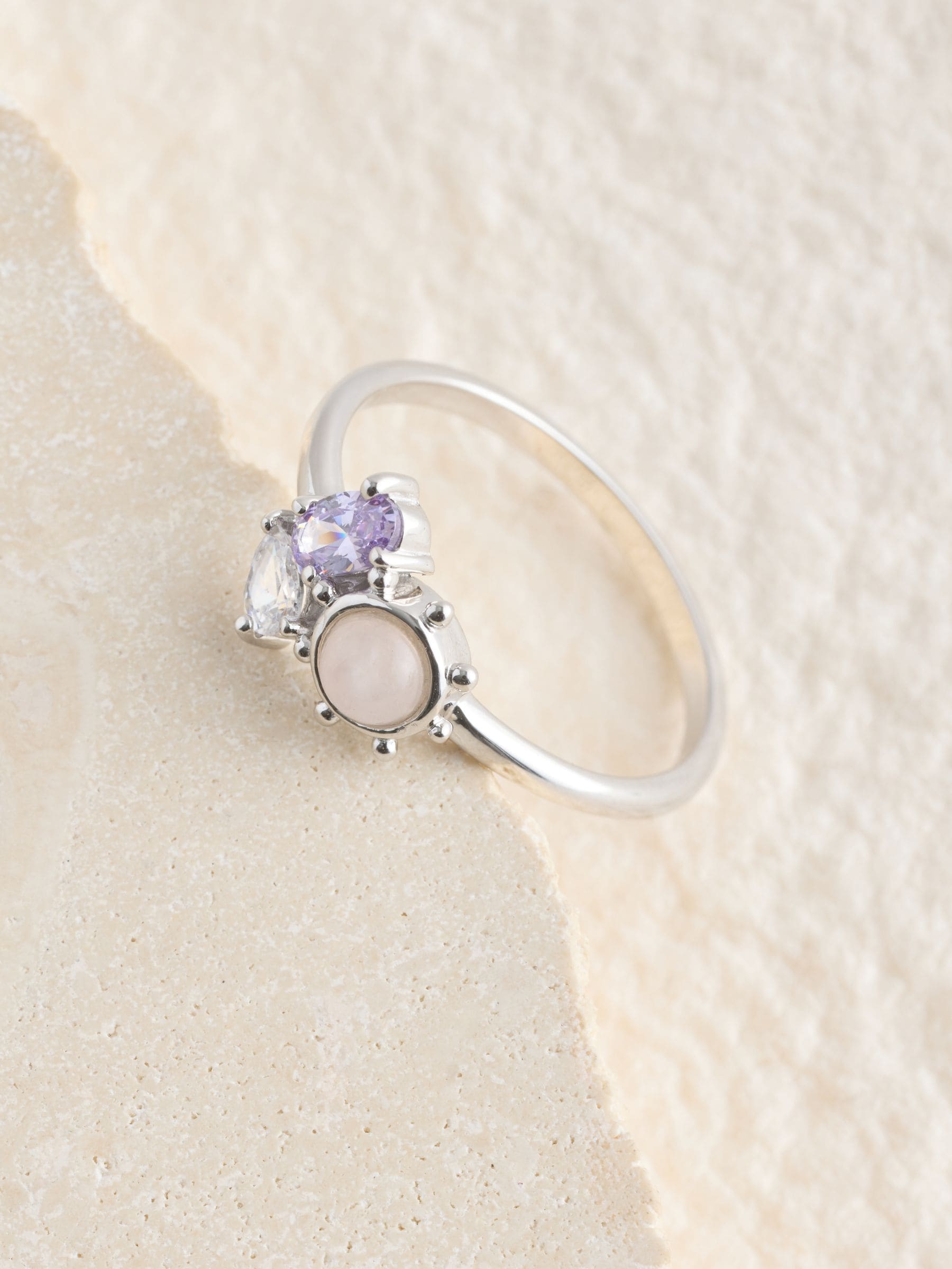Sterling silver cluster stone ring with purple and pink stones - British product