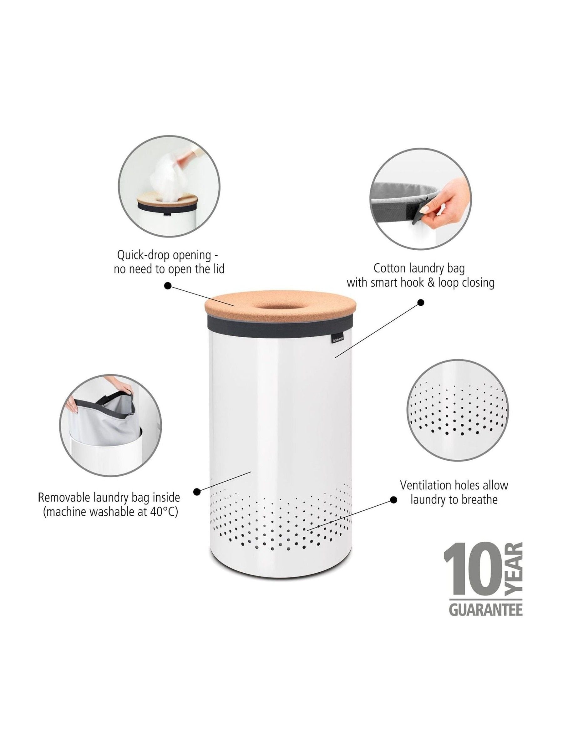 Brabantia white cork lid laundry bin 60L, UK version