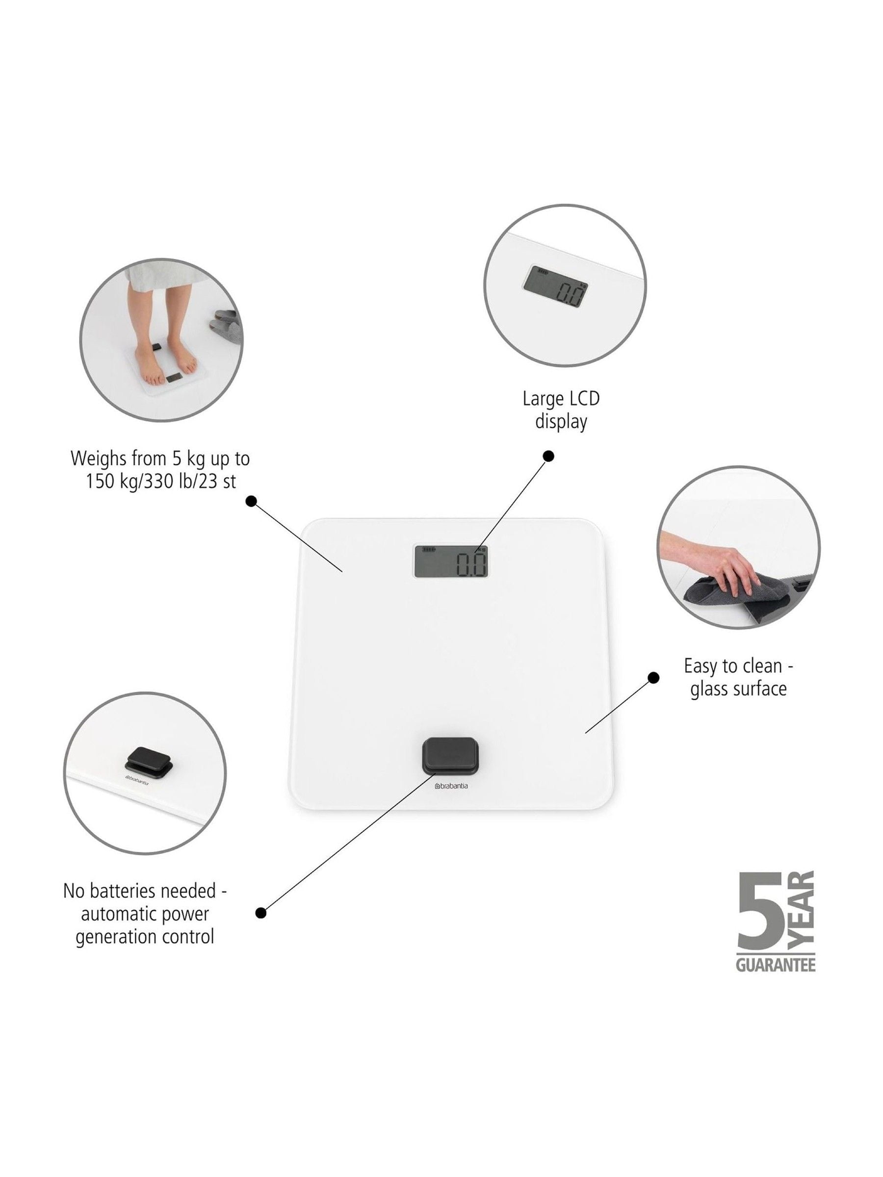 Brabantia white bathroom scale battery free (British brand)