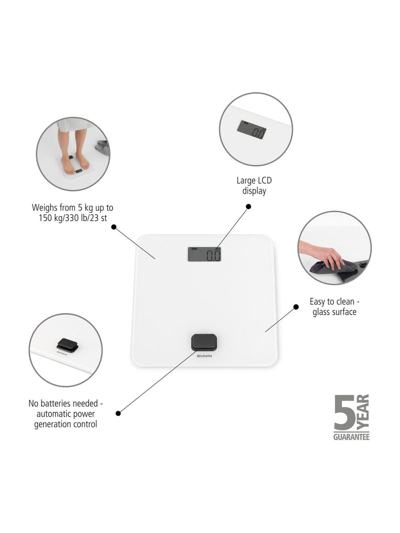 Brabantia white bathroom scale battery free (British brand)