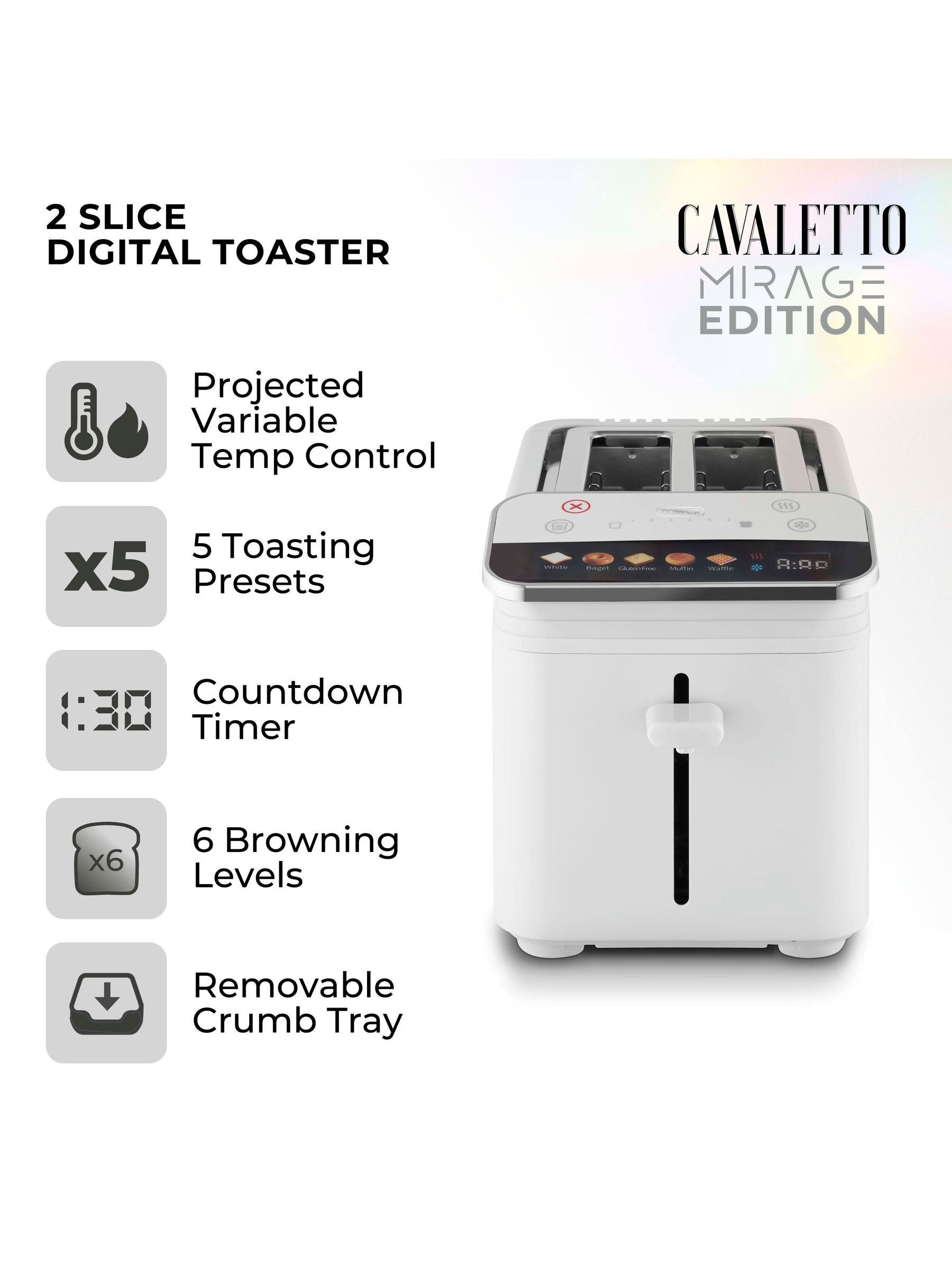 Tower 2 Slice Digital Toaster White, UK version