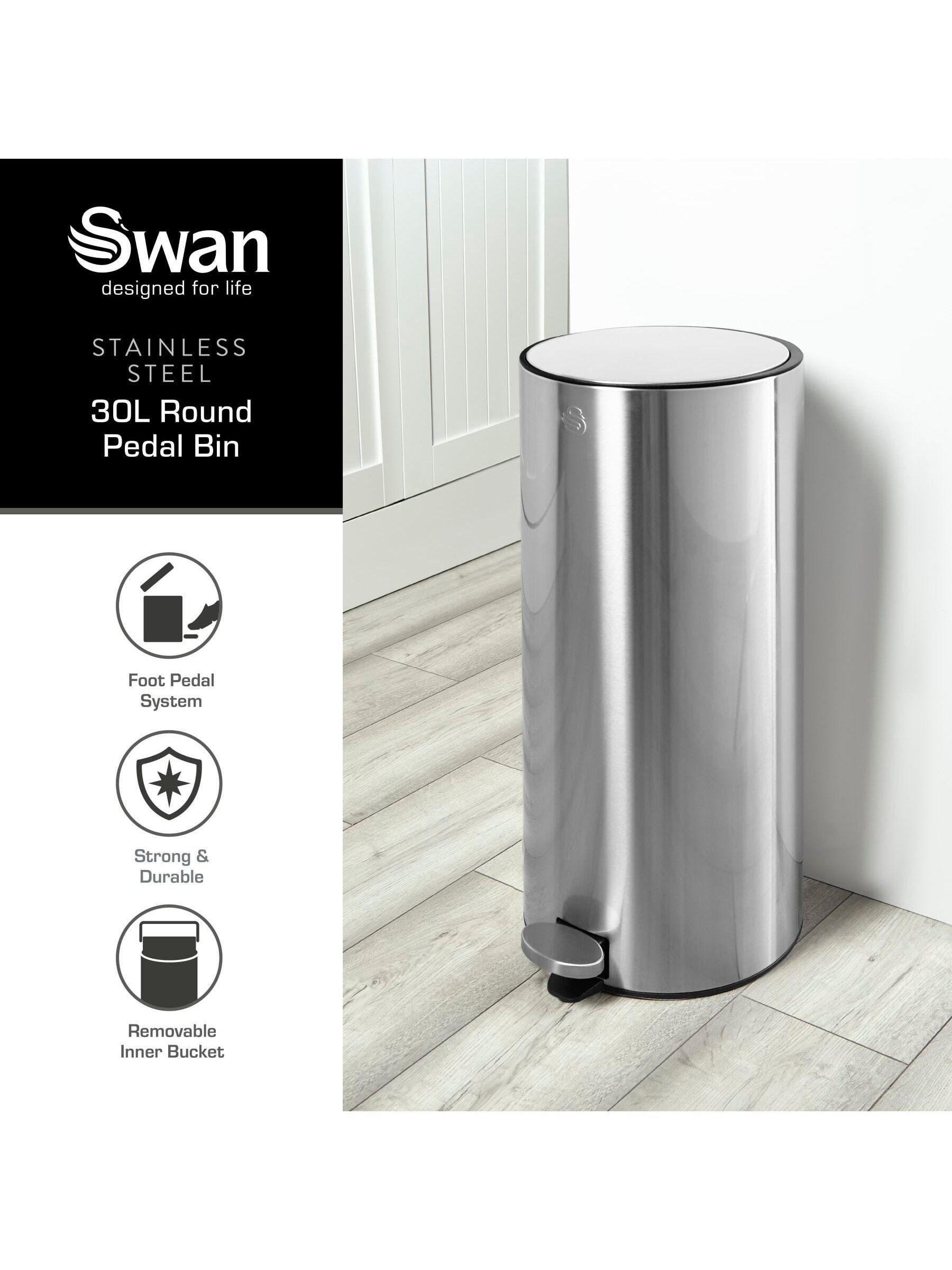 Swan Stainless Steel Round Pedal Bin 30L (British brand)