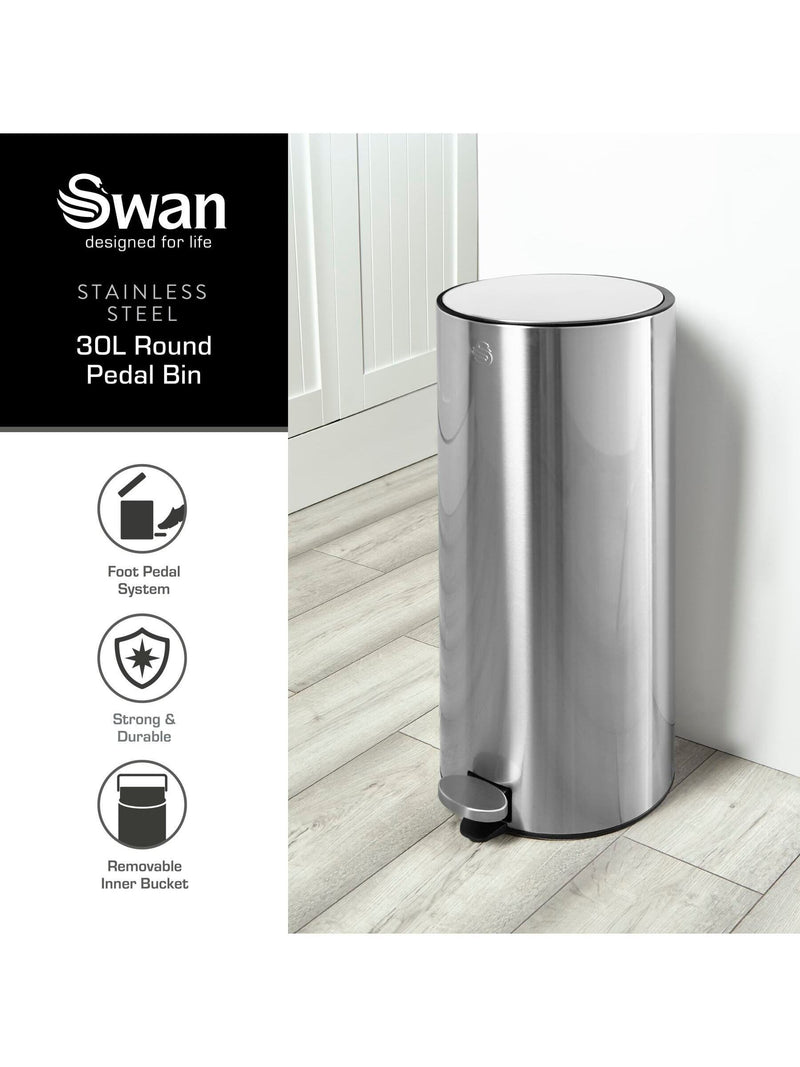 Swan Stainless Steel Round Pedal Bin 30L (British brand)