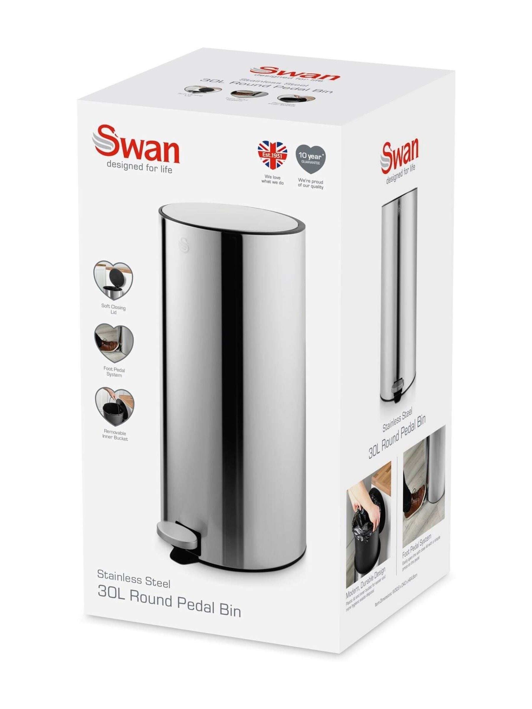 Swan Stainless Steel Round Pedal Bin 30L (British brand)