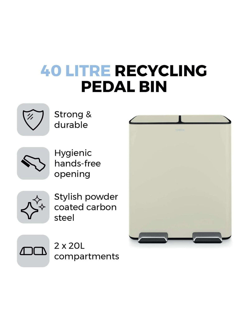 Tower Cream 40L Pedal Bin 2 x 20L