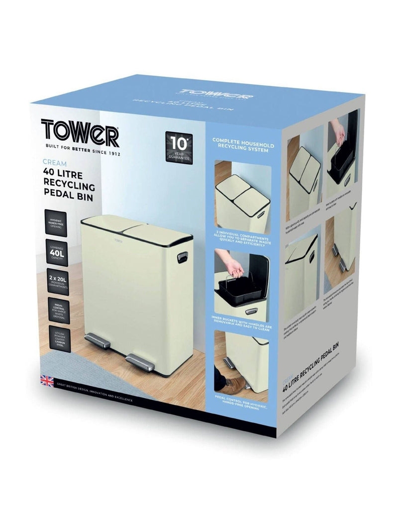 Tower Cream 40L Pedal Bin 2 x 20L