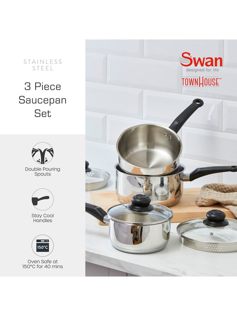 Swan Townhouse stainless steel saucepan set 3 piece (British brand)