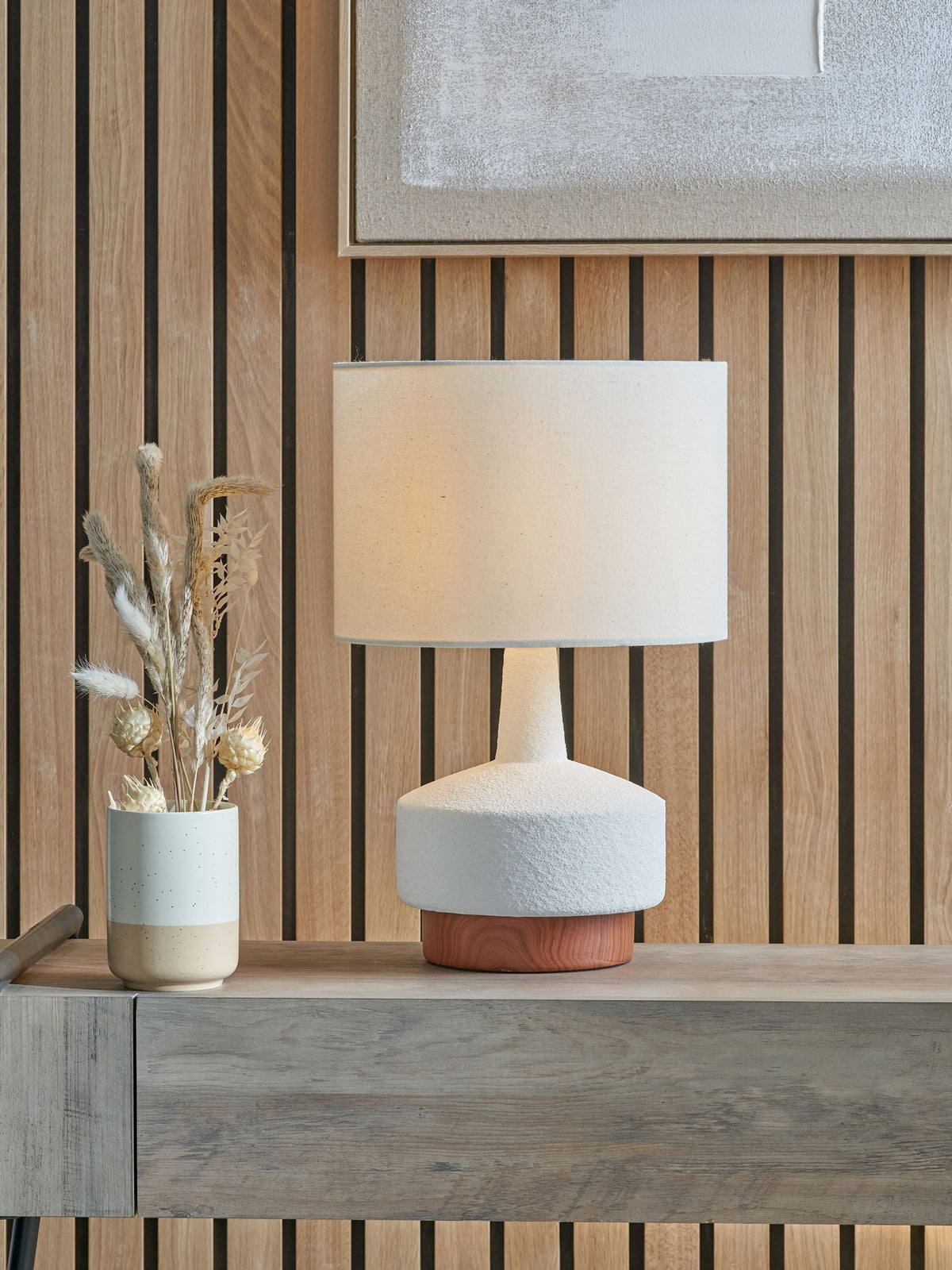 Pacific white wood effect textured ceramic table lamp 43cm, imported from the UK