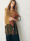 Tan brown suede charm sling bag with tassel, imported from the UK