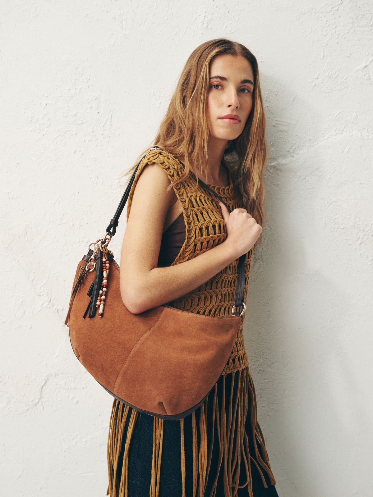 Tan Brown Suede Charm Detail Sling Bag
