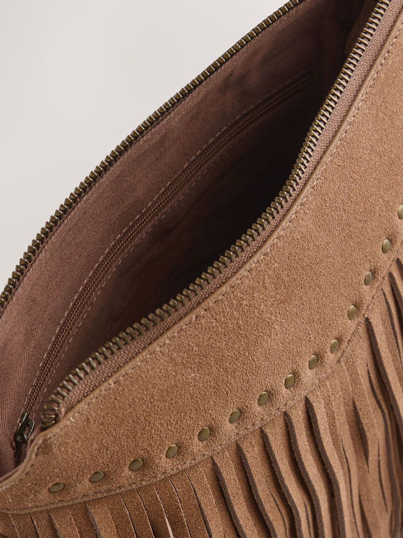 Tan leather fringe cross body bag 15x21cm, UK version