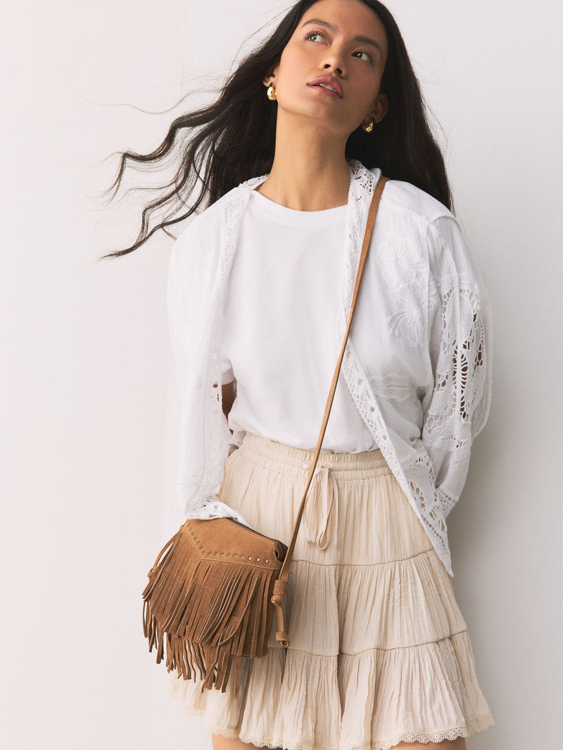 Tan leather fringe cross body bag 15x21cm, UK version