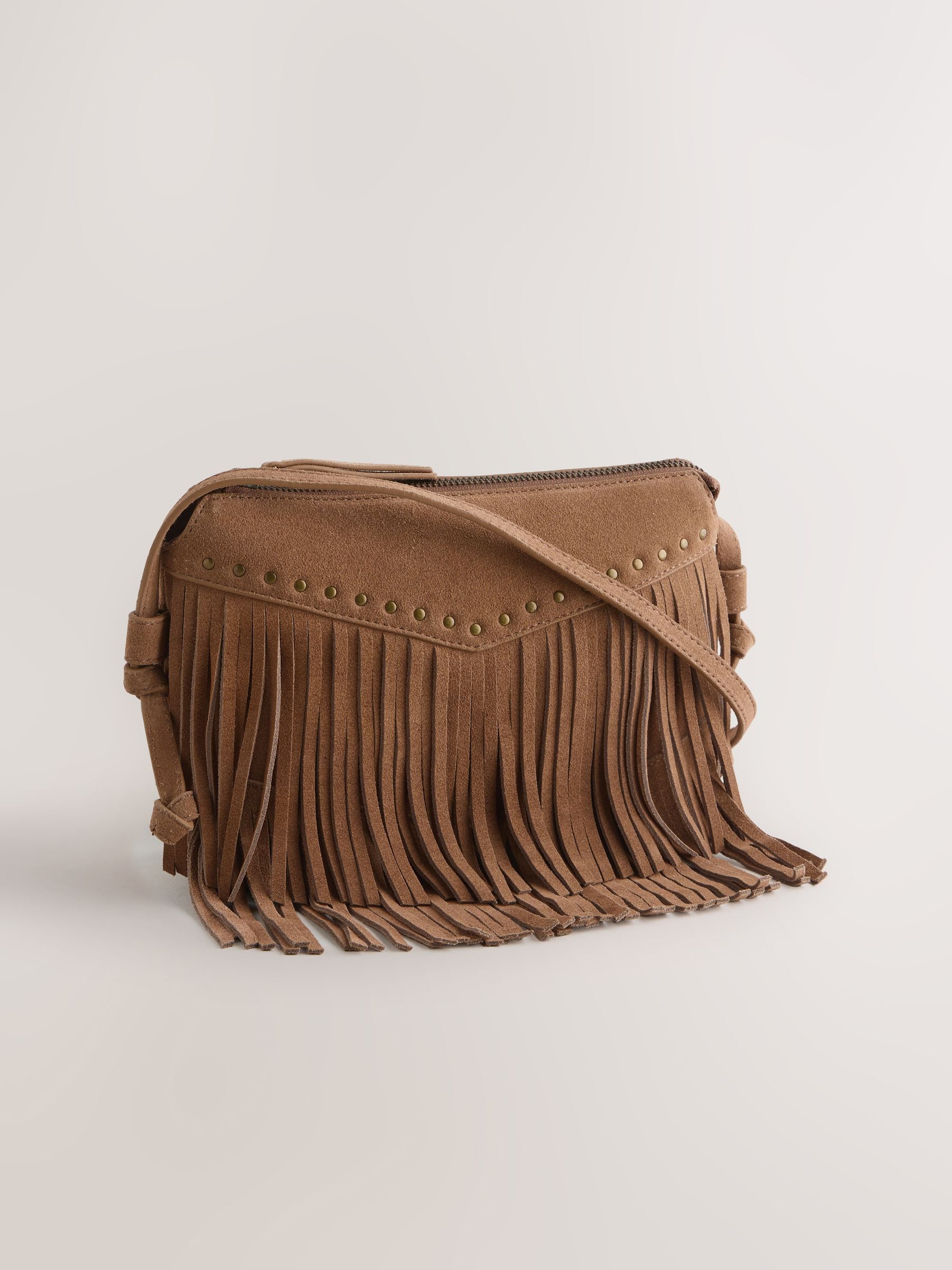 Tan leather fringe cross body bag 15x21cm, UK version