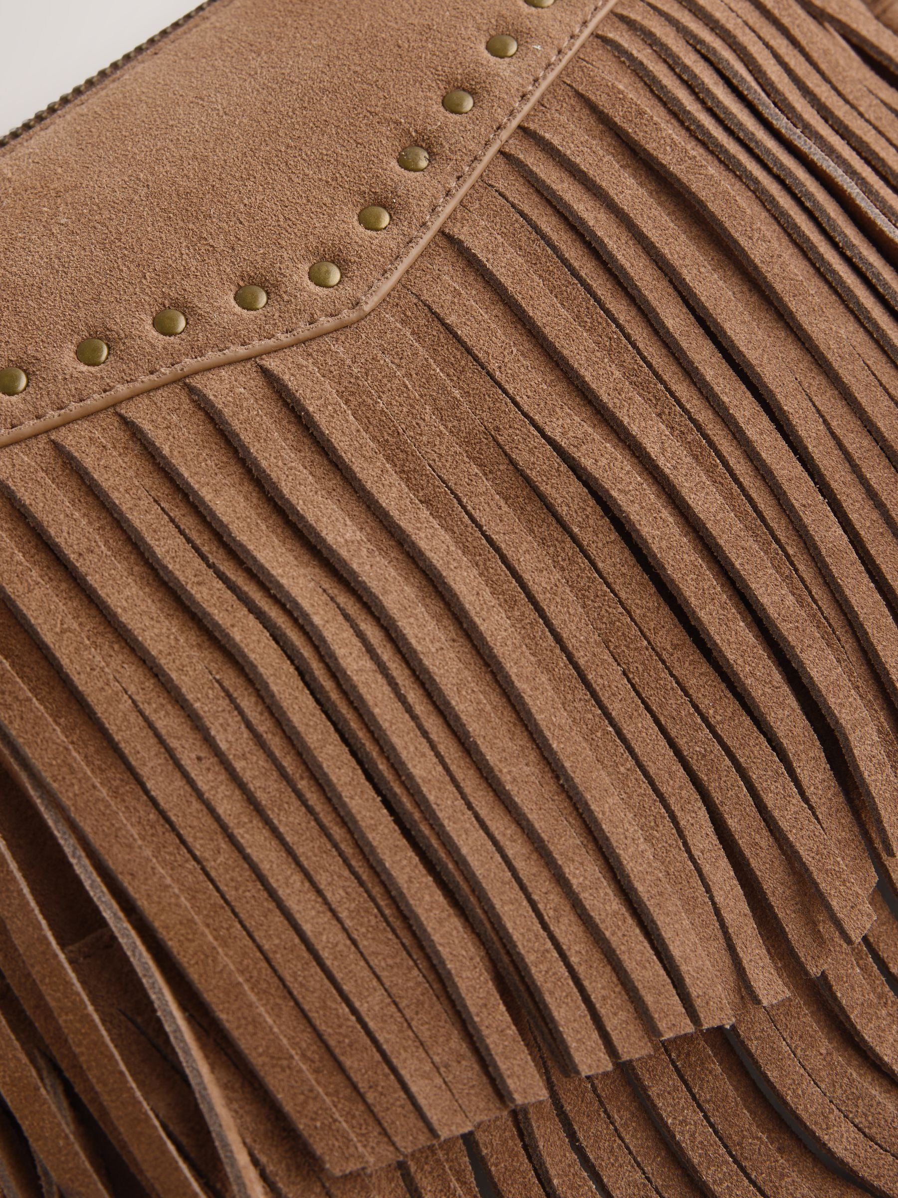 Tan leather fringe cross body bag 15x21cm, UK version