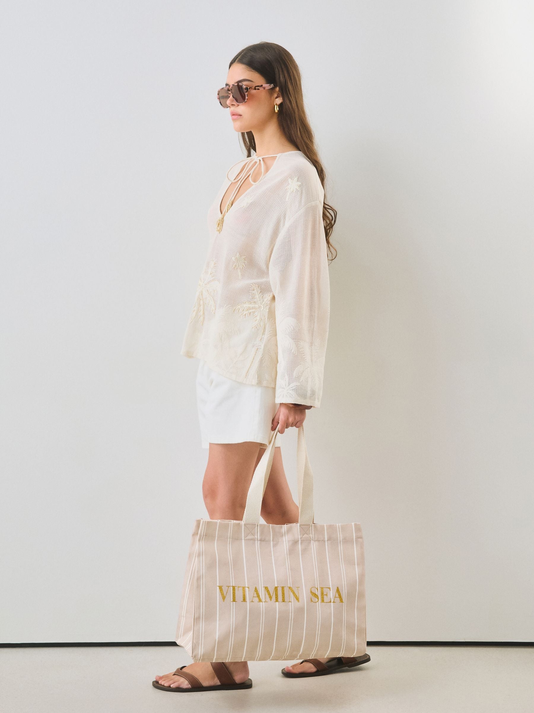 Neutral stripe cotton shopper bag, UK version