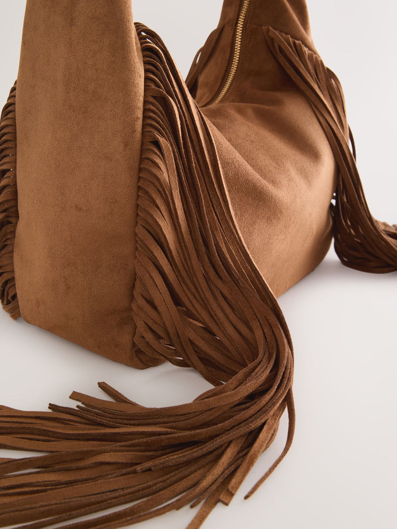 Tan brown suedette fringe shoulder bag 42x40x14cm (British brand)